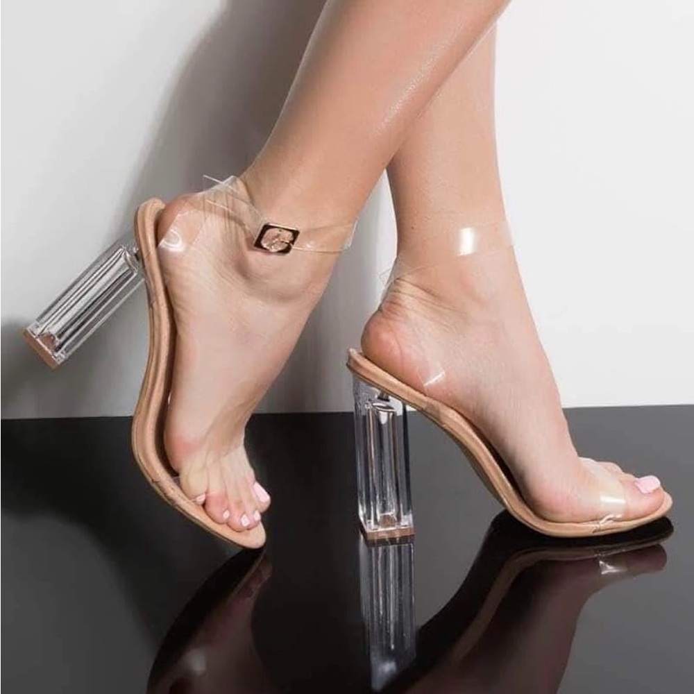 Cape Robbin Block High Heel Transparent Open Toe Pumps. Nude SZ 8.5